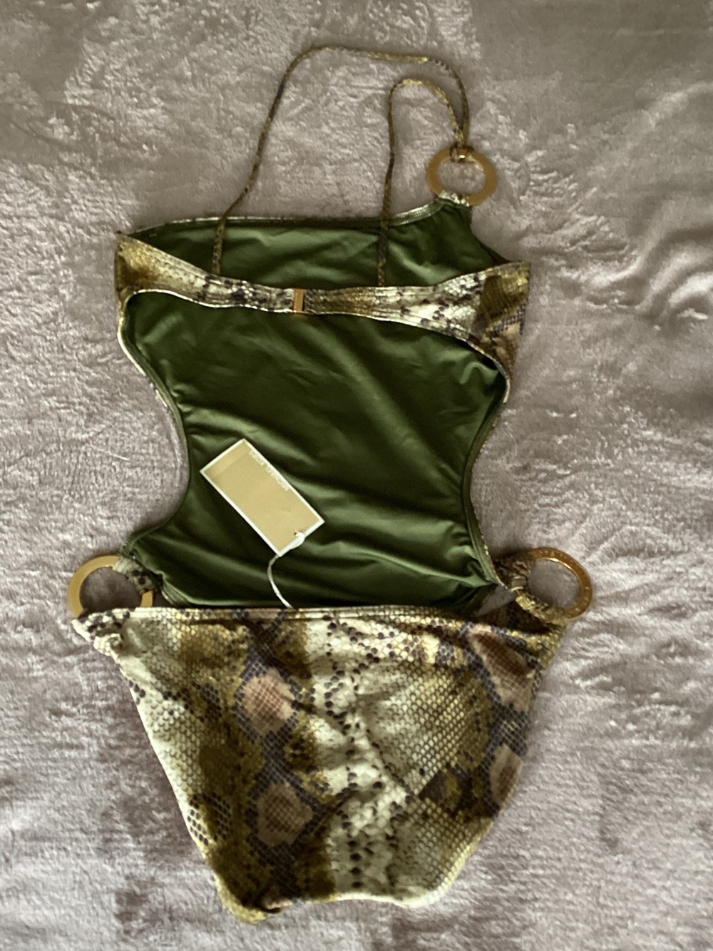 Michael Kors Olive Snake-Print One-Piece Swimsuit with Gold Rings - Picture 3 of 4